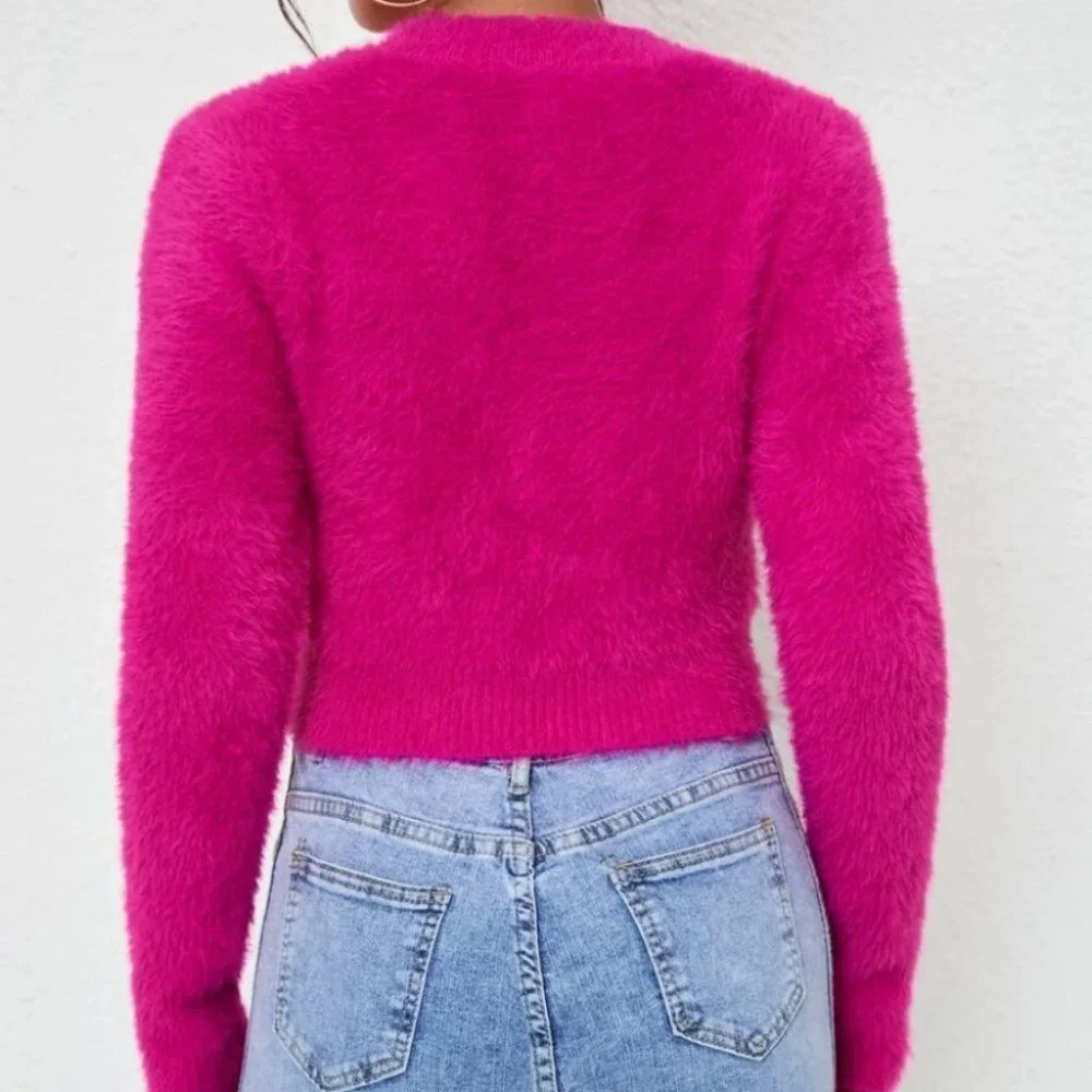 Comfy Heart Cut Out soft Fuzzy hot pink knit Sweater top - Picture 5 of 6